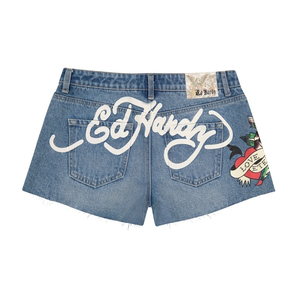 Ed Hardy "NEW" Light Wash Vintage Love Eternal Grunge Denim Shorts Size XL